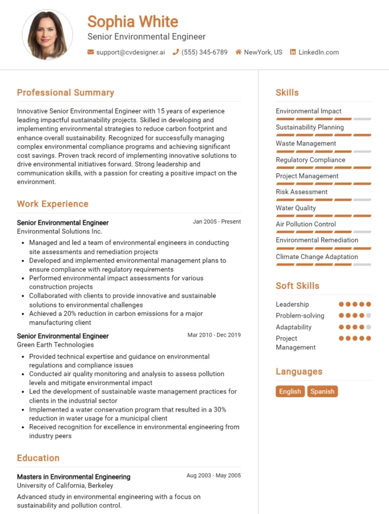 Senior Environmental Engineer CV Example For 2025: Top CV Skills