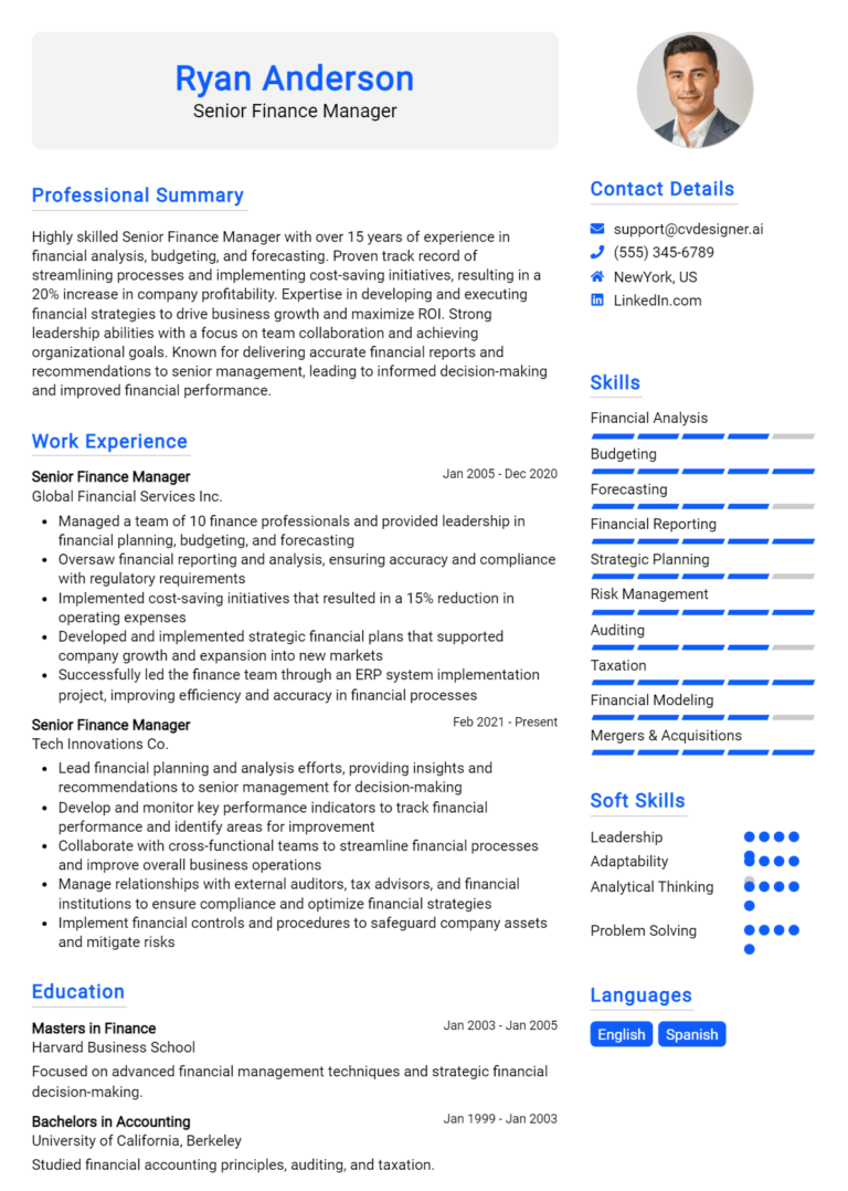Senior Finance Manager Resume Example for 2025: Expert Tips & Templates