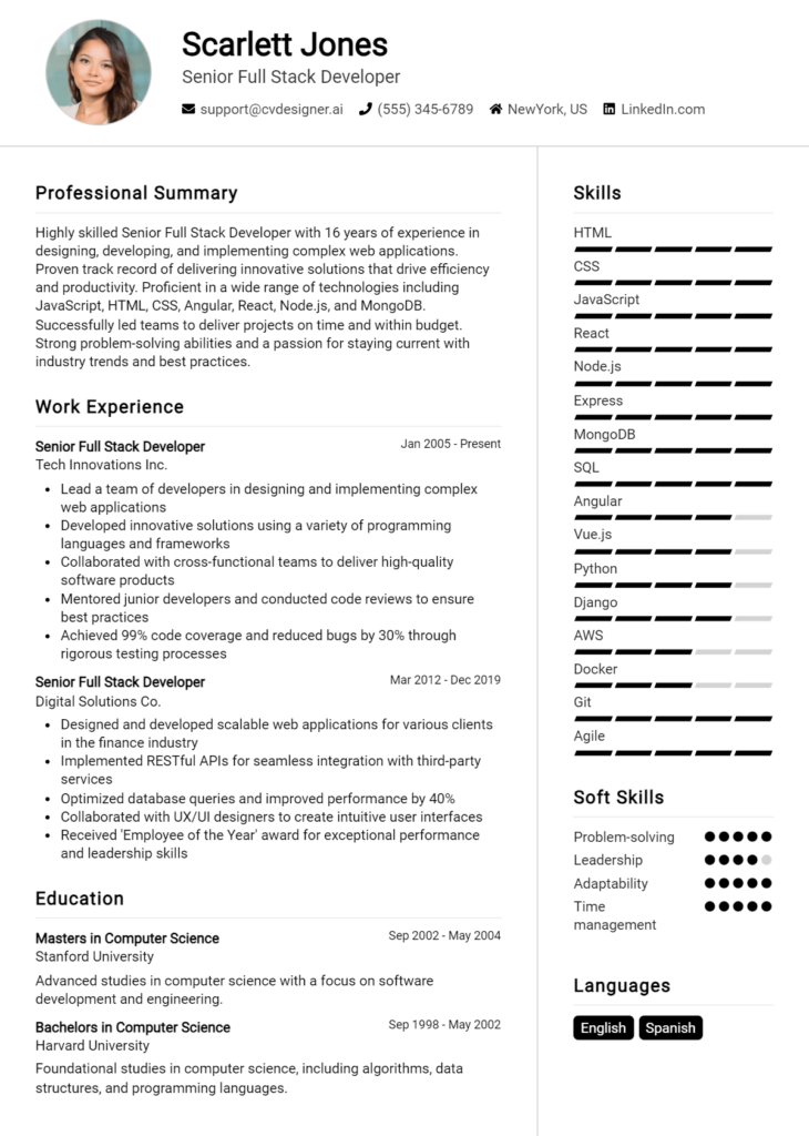 Senior Full Stack Developer Resume Example