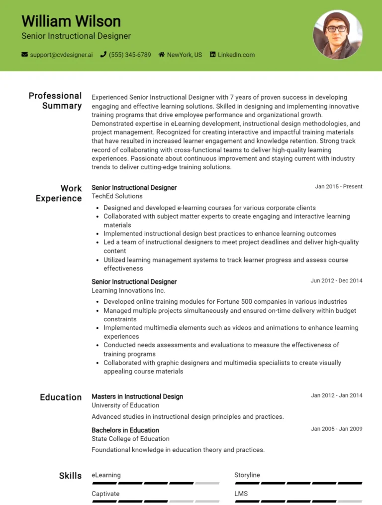 Senior Instructional Designer CV Example For 2025: Examples & Free Templates