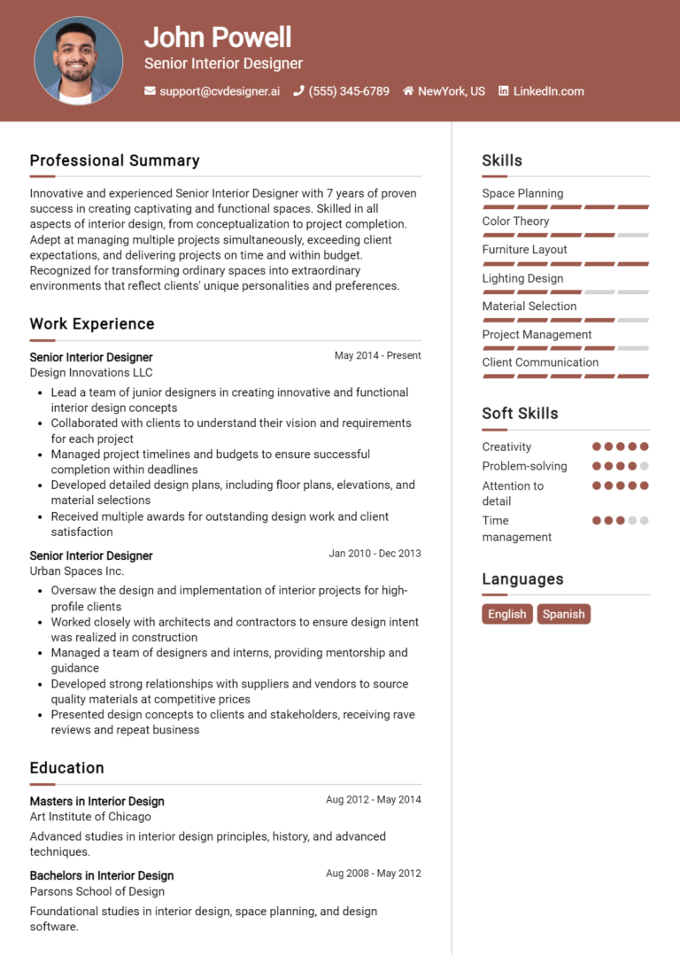 Senior Interior Designer Resume Example for 2025: Expert Tips