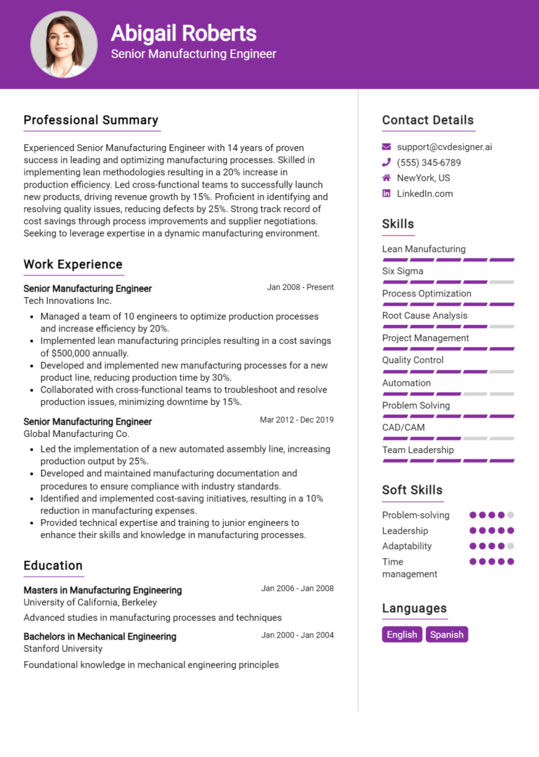 Senior Manufacturing Engineer Resume Example for 2025: Free Professional Templates
