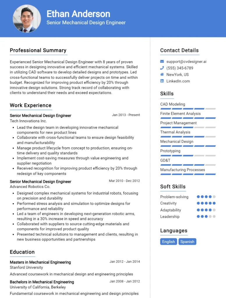 Senior Mechanical Design Engineer CV Example
