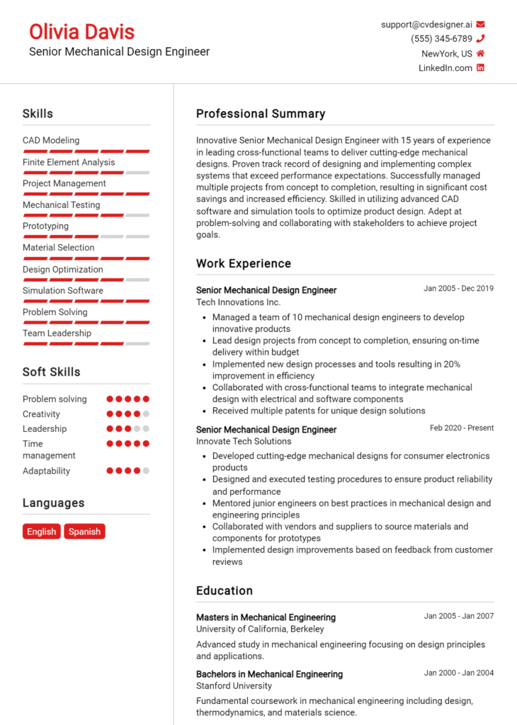 Senior Mechanical Design Engineer Resume Example