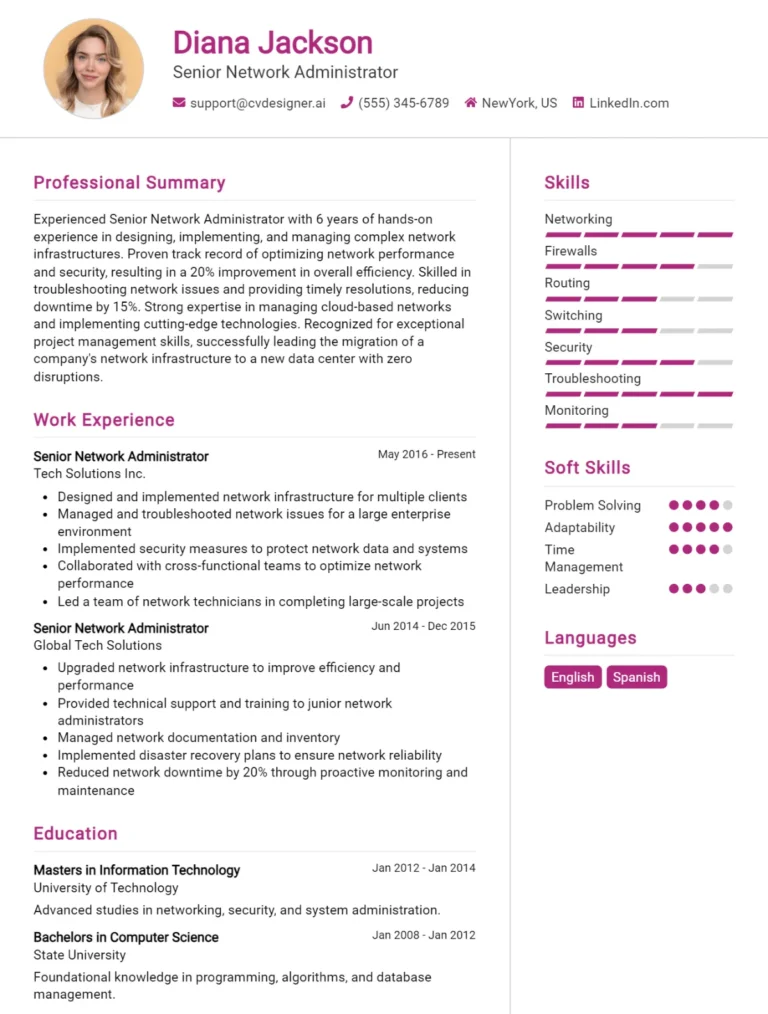 Senior Network Administrator CV Example For 2025: Tips & Templates