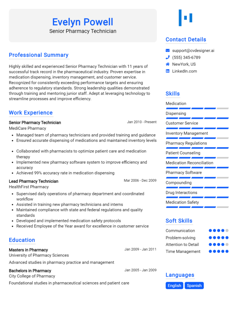 Senior Pharmacy Technician Resume Example for 2025: Examples & Free Templates