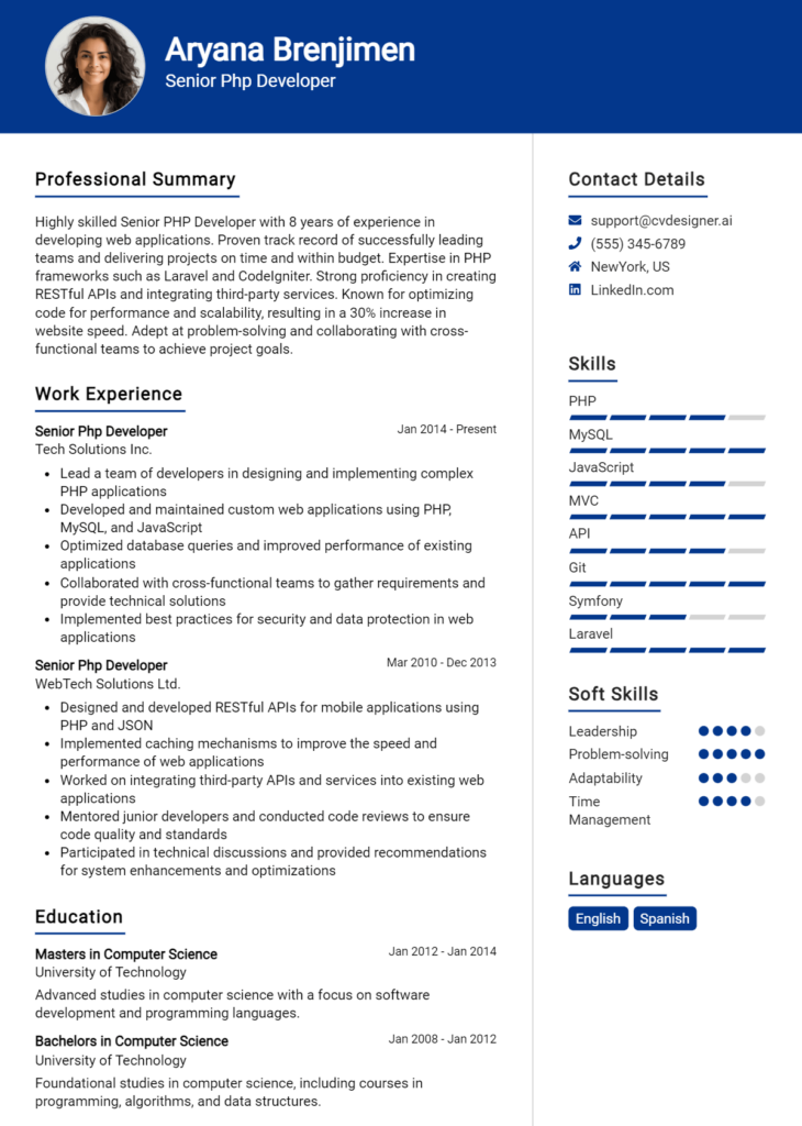 Senior Php Developer Resume Example