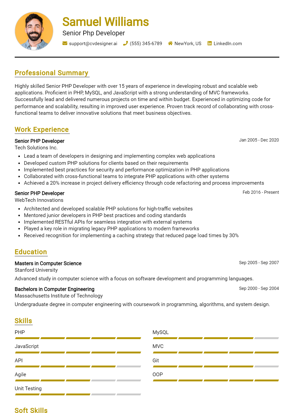 Senior Php Developer Resume Example