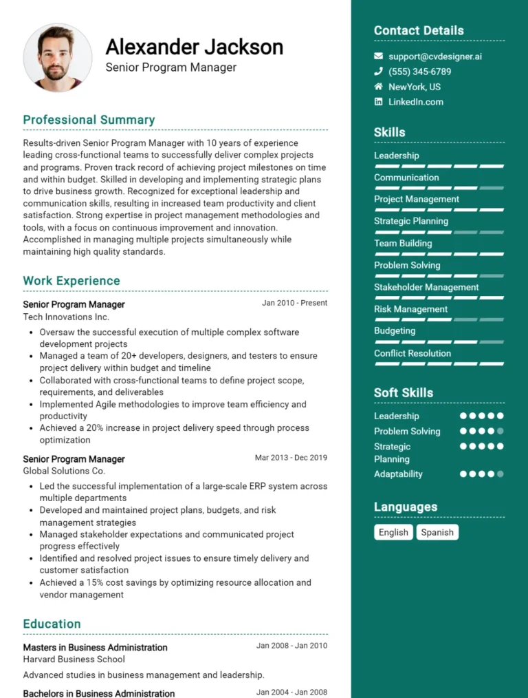 Senior Program Manager CV Example For 2025: Free Downloadable Templates