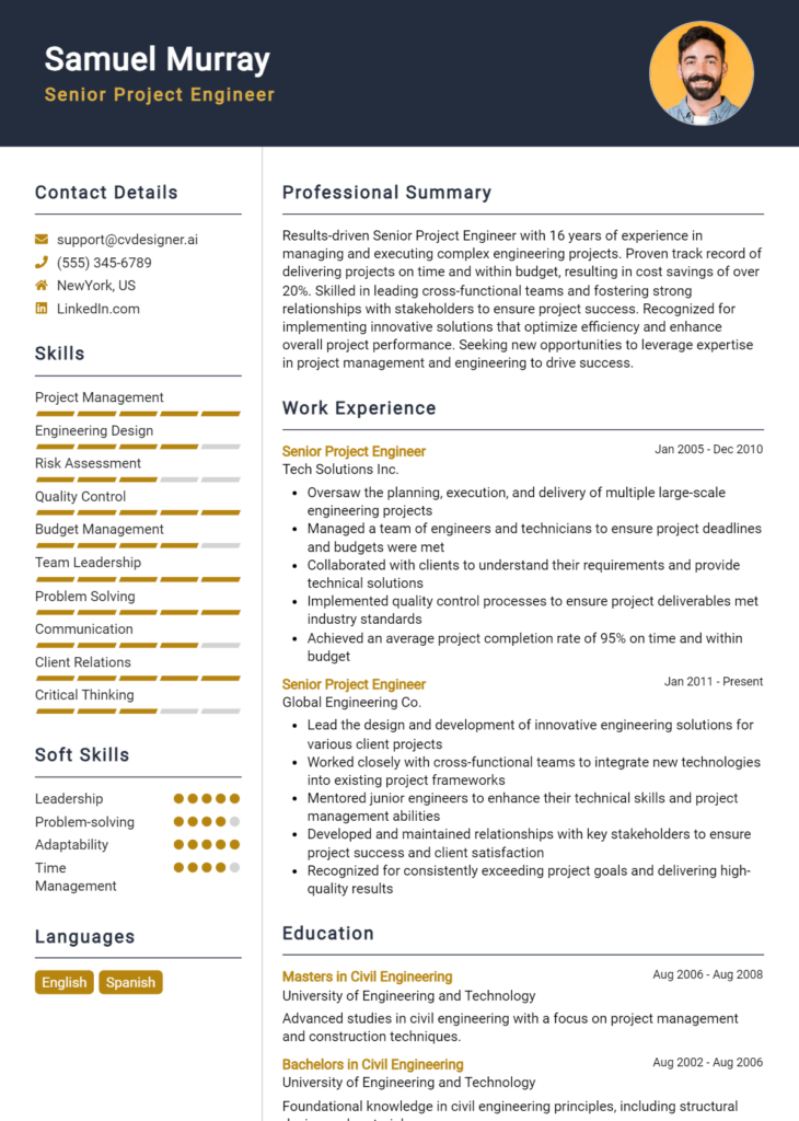 Senior Project Engineer Resume Example