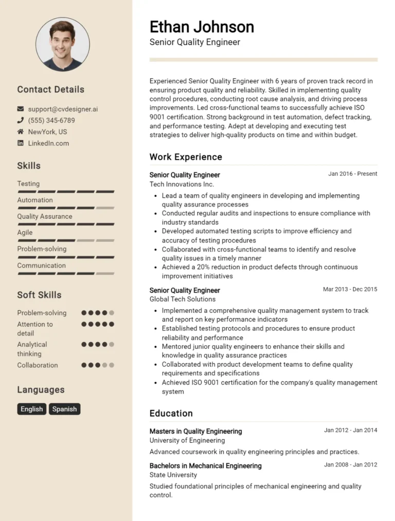 Senior Quality Engineer CV Example For 2025: Top Tips & Samples