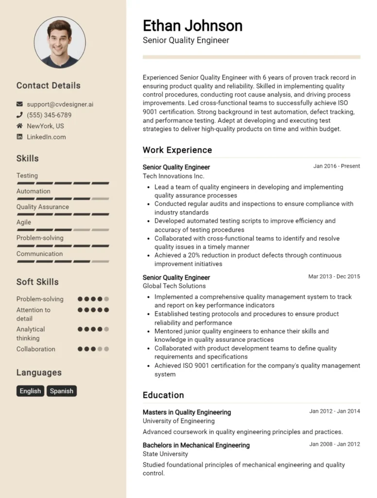 Senior Quality Engineer CV Example