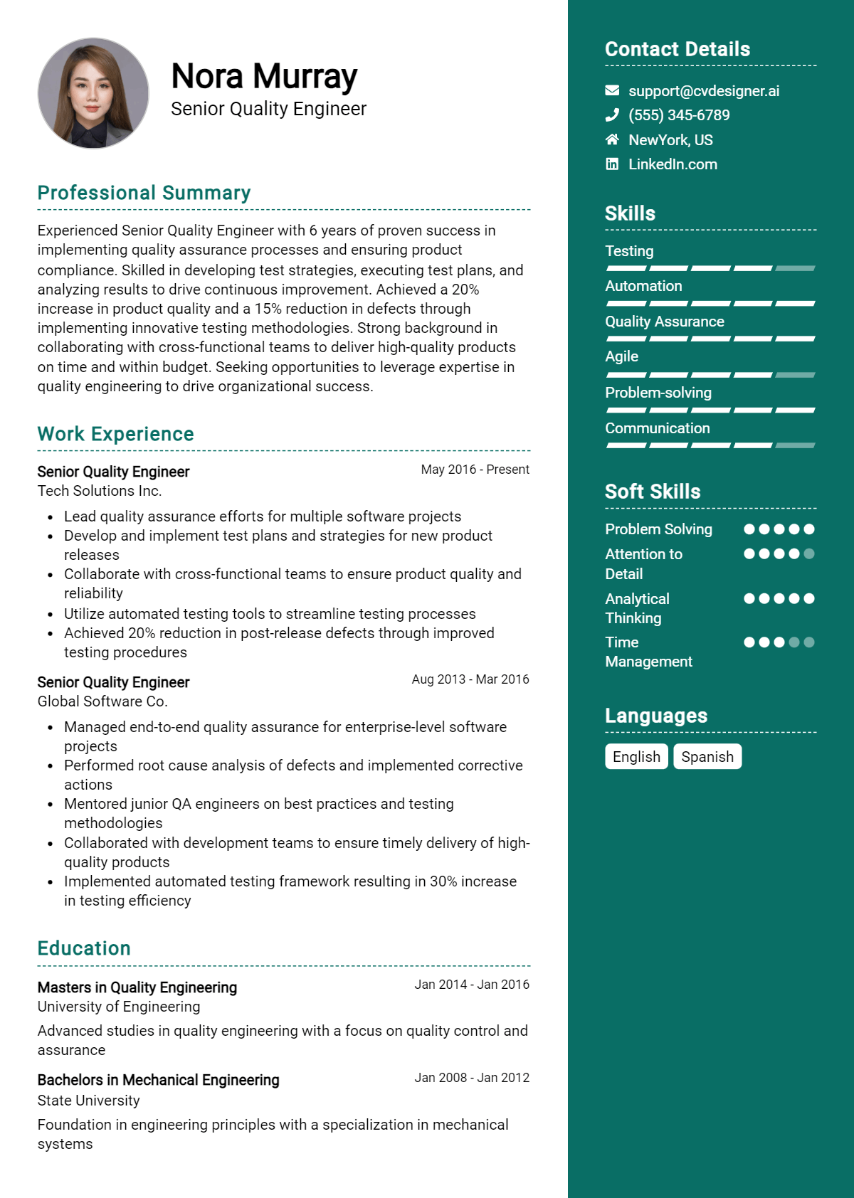 Senior Quality Engineer Resume Example