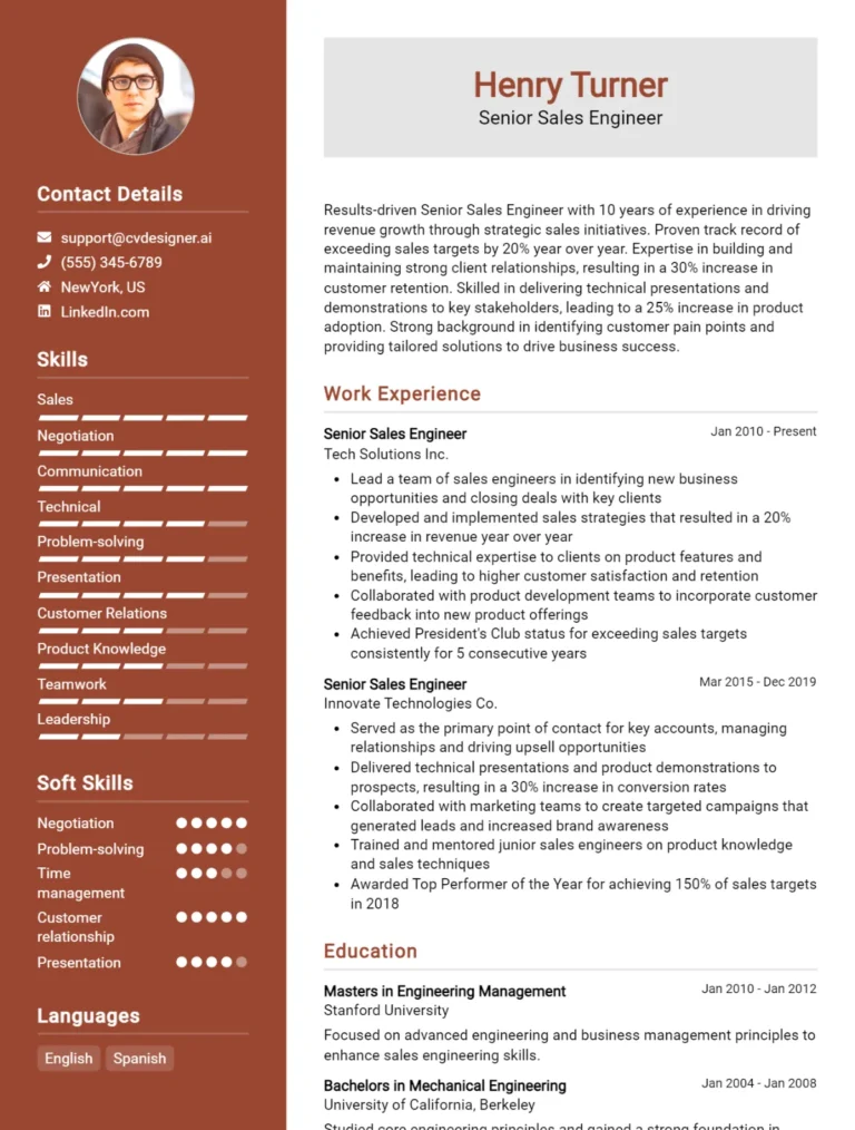 Senior Sales Engineer CV Example For 2025: Top Tips & Samples