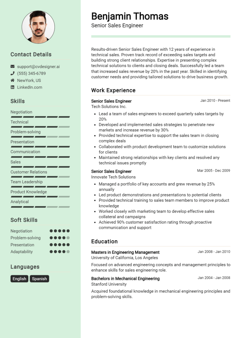 Senior Sales Engineer Resume Example for 2025: Top CV Skills