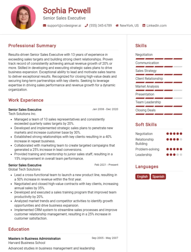 Senior Sales Executive CV Example