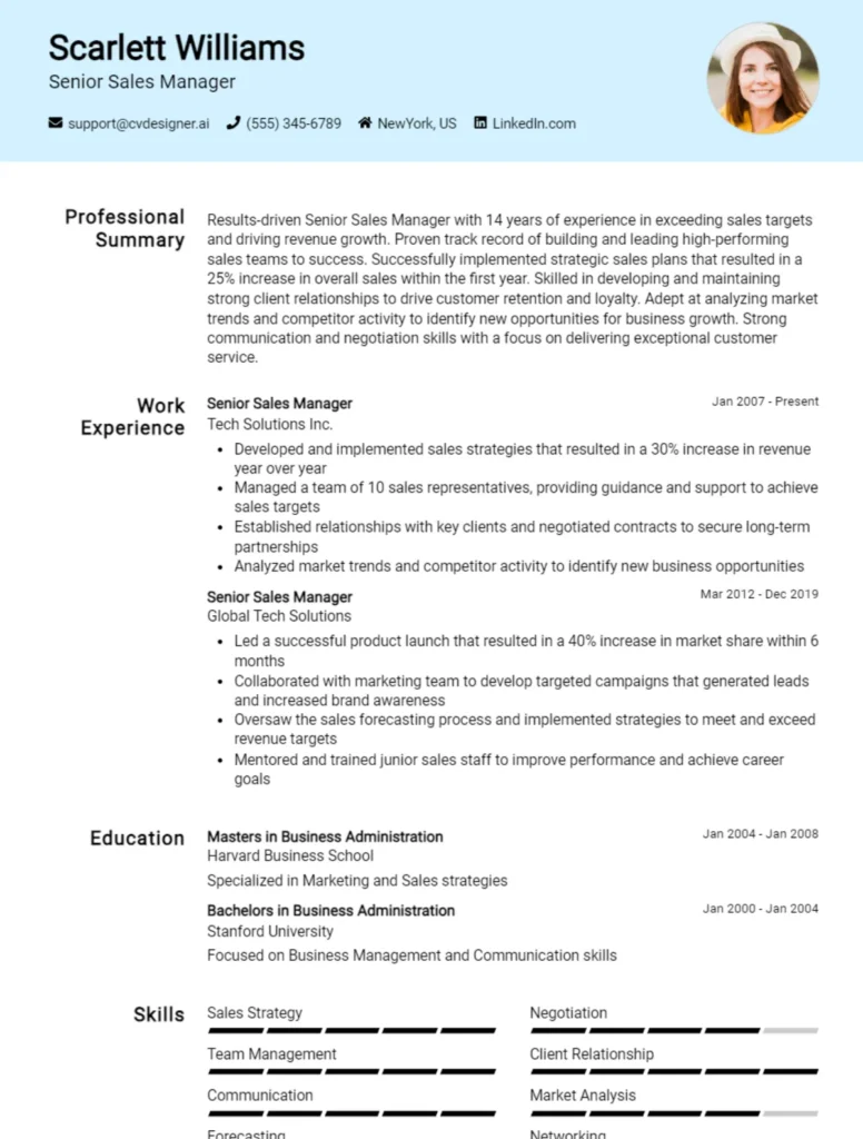 Senior Sales Manager CV Example