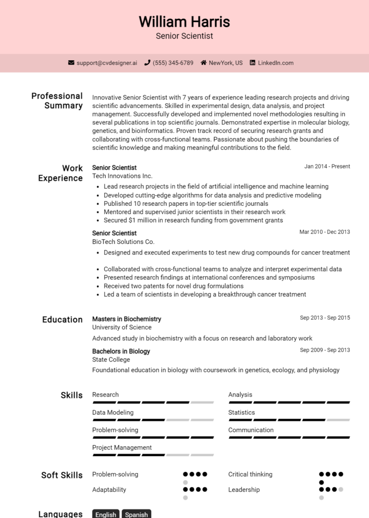 Senior Scientist Resume Example