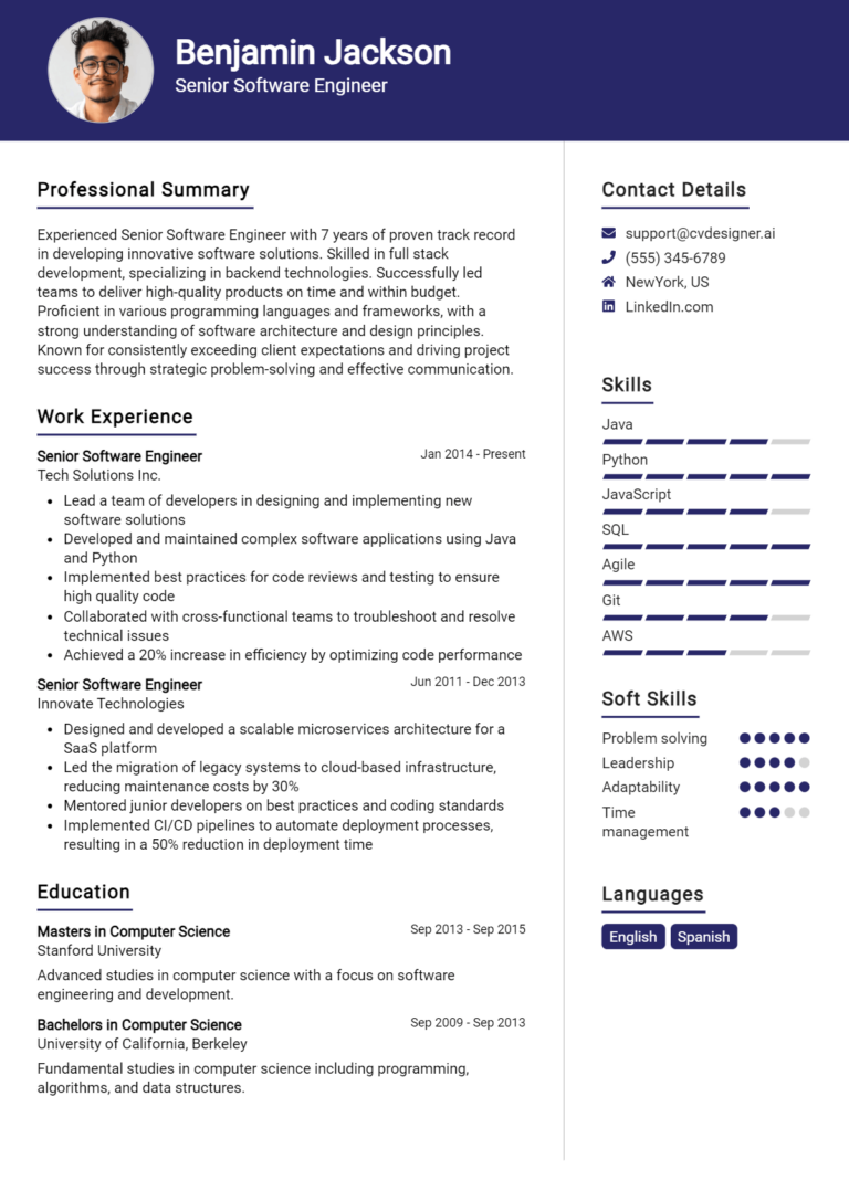Senior Software Engineer CV Example For 2025: Free Downloadable Templates
