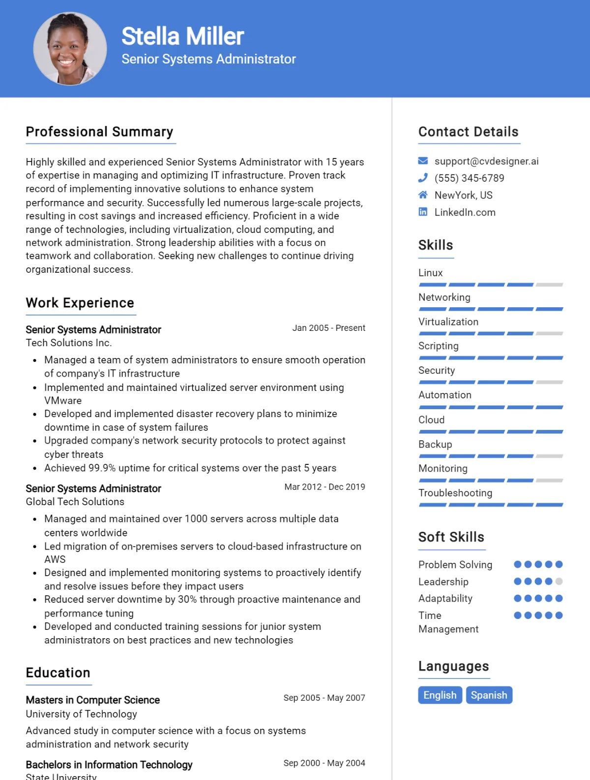 Senior Systems Administrator CV Example