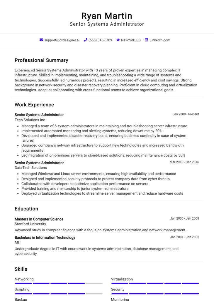 Senior Systems Administrator Resume Example
