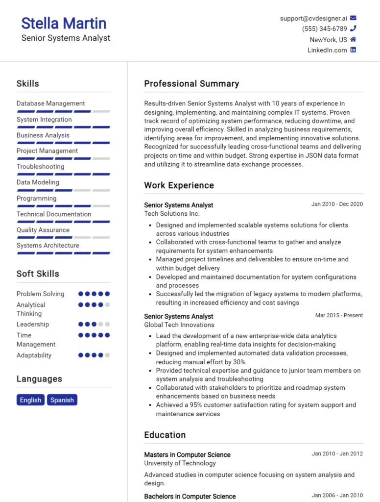 Senior Systems Analyst CV Example