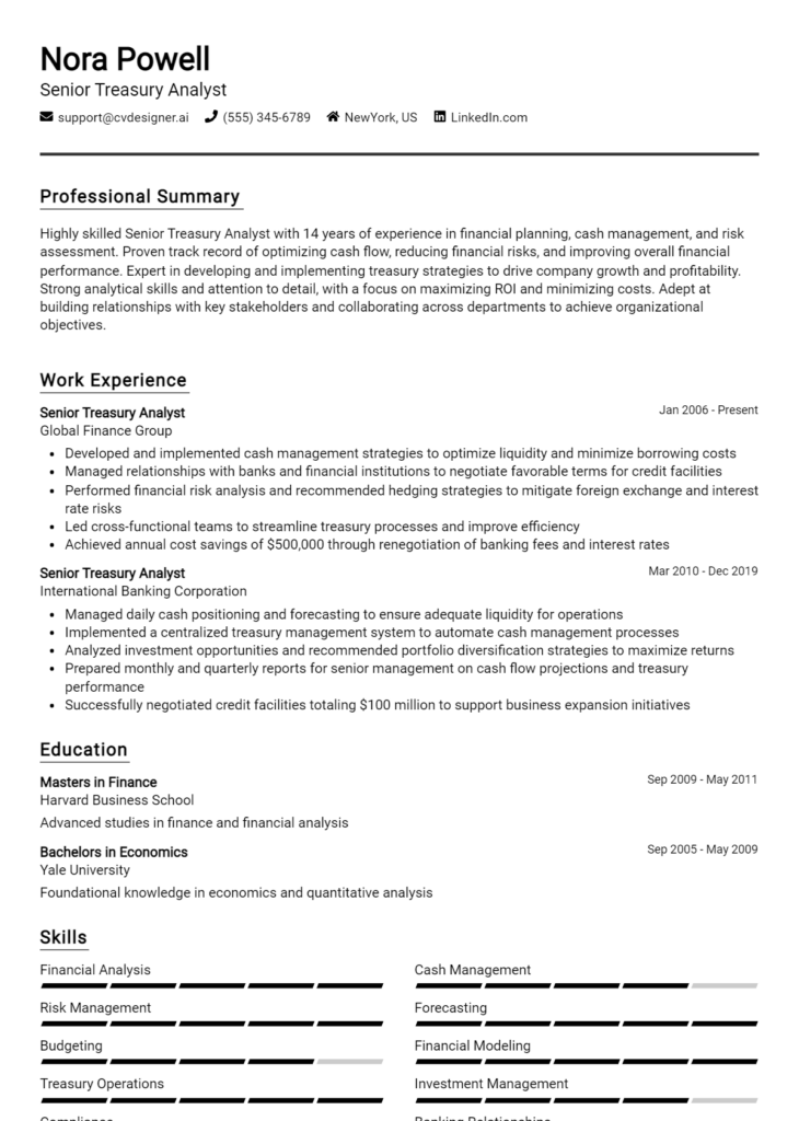 Senior Treasury Analyst Resume Example for 2024: Free Downloadable ...