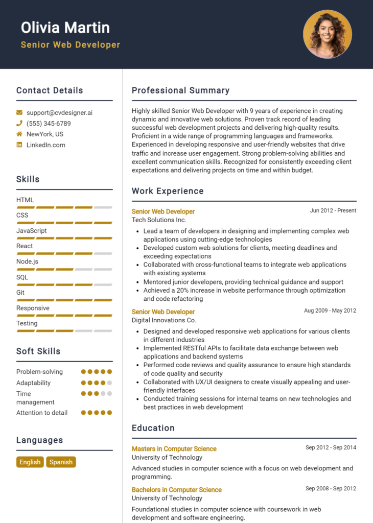 Senior Web Developer Resume Example