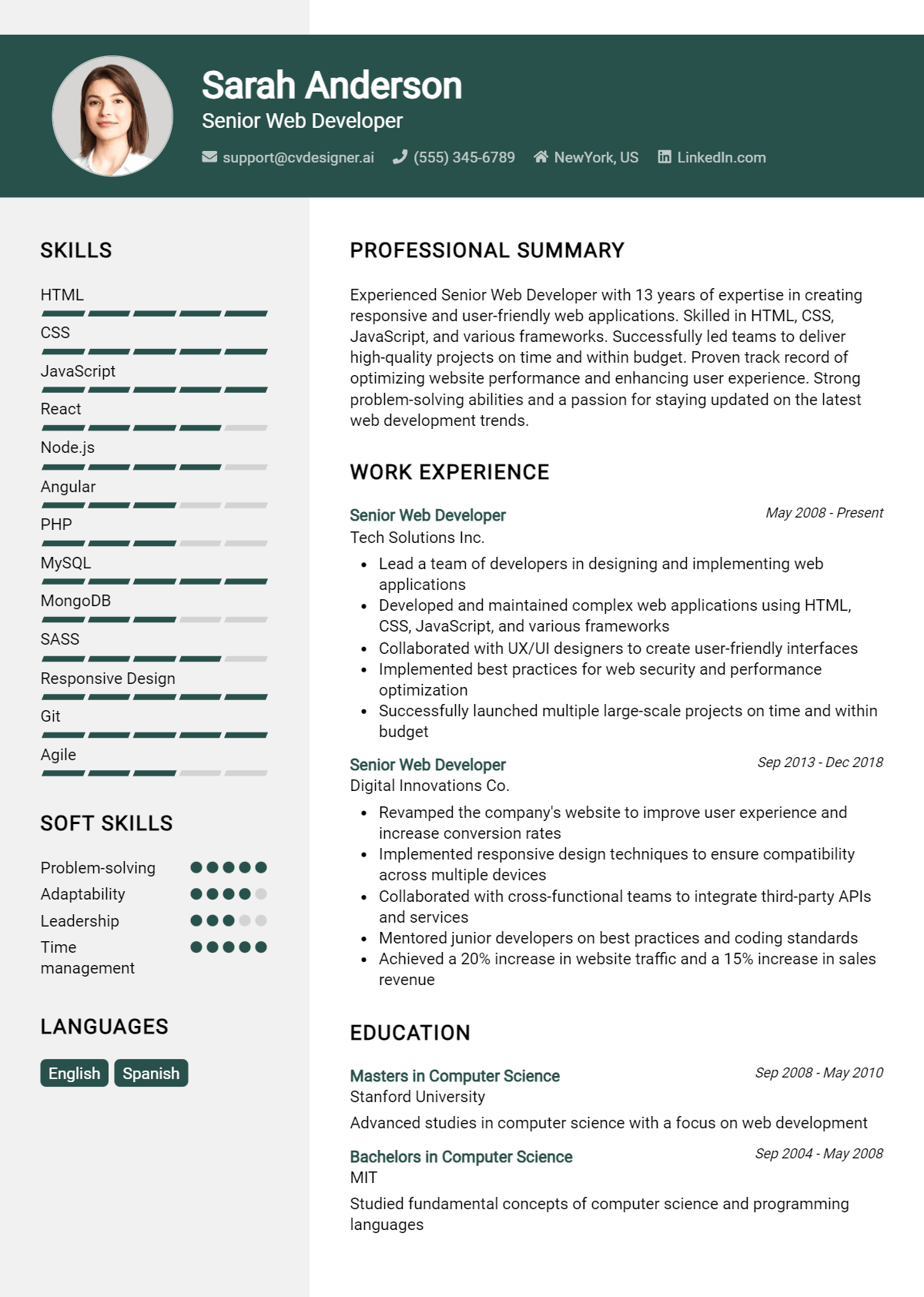 Senior Web Developer Resume Example