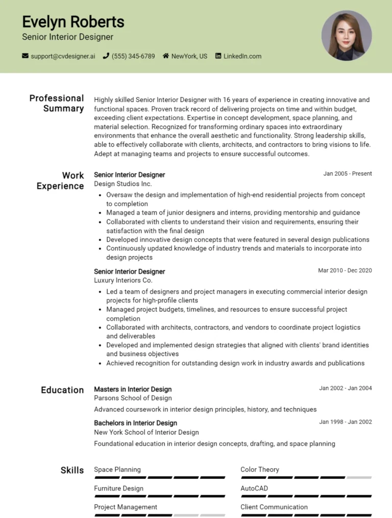 Senior Interior Designer CV Example For 2025: Proven Tips & Templates