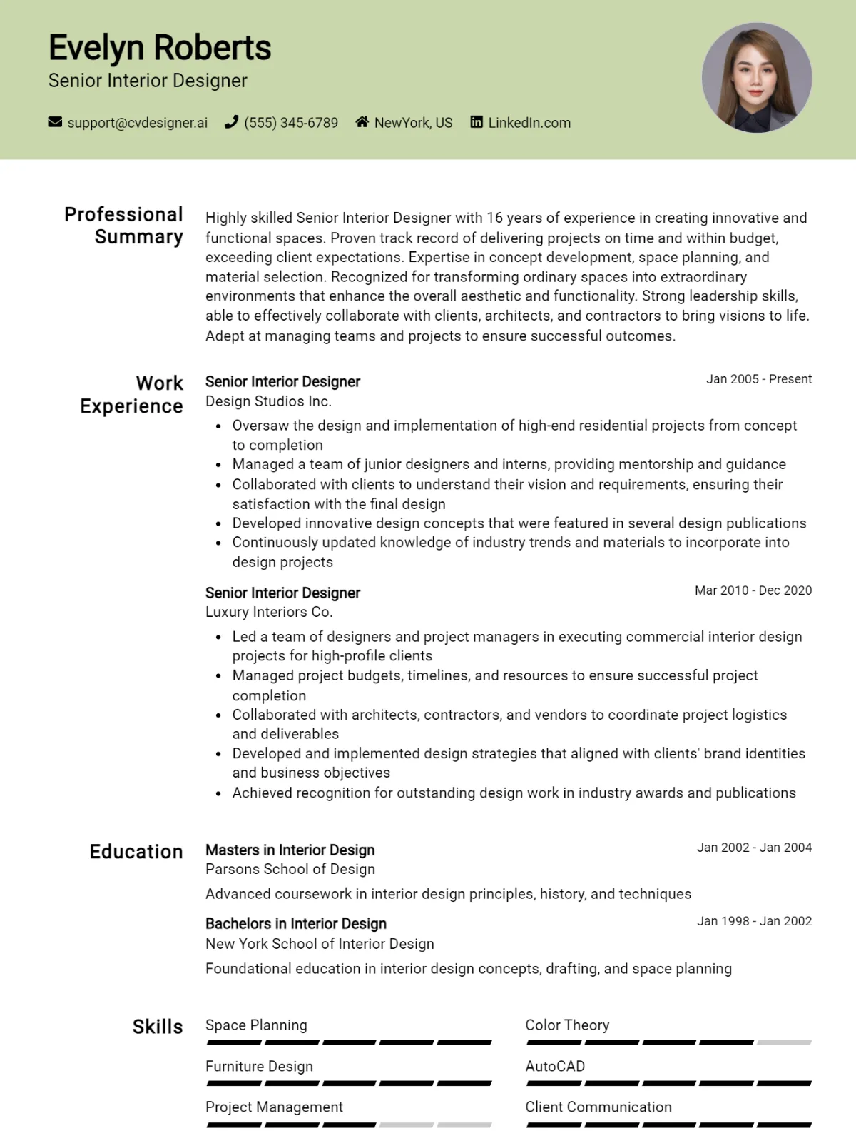 Senior Interior Designer CV Example