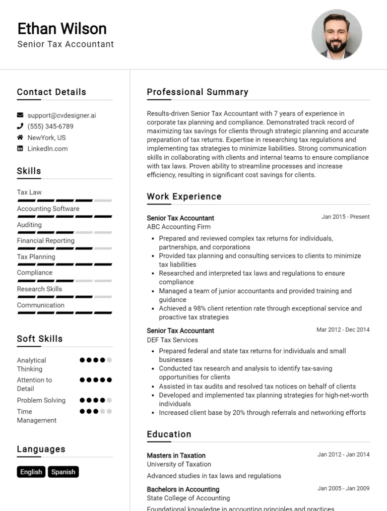 Senior Tax Accountant CV Example For 2025: Proven Tips & Templates