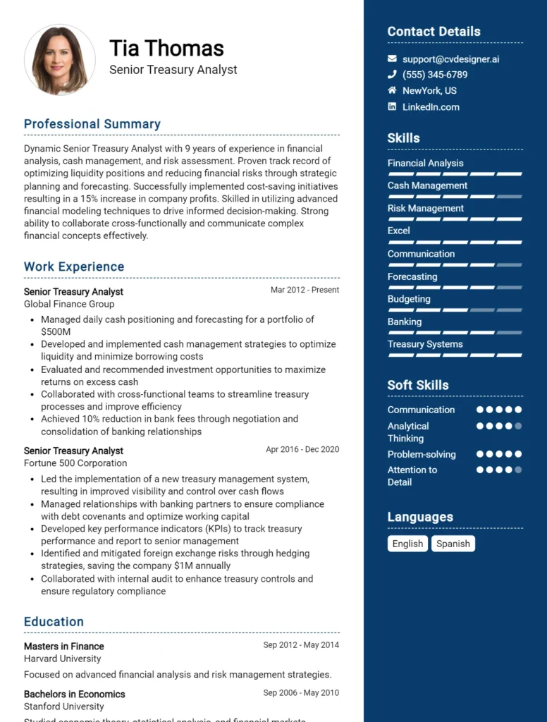 Senior Treasury Analyst CV Example