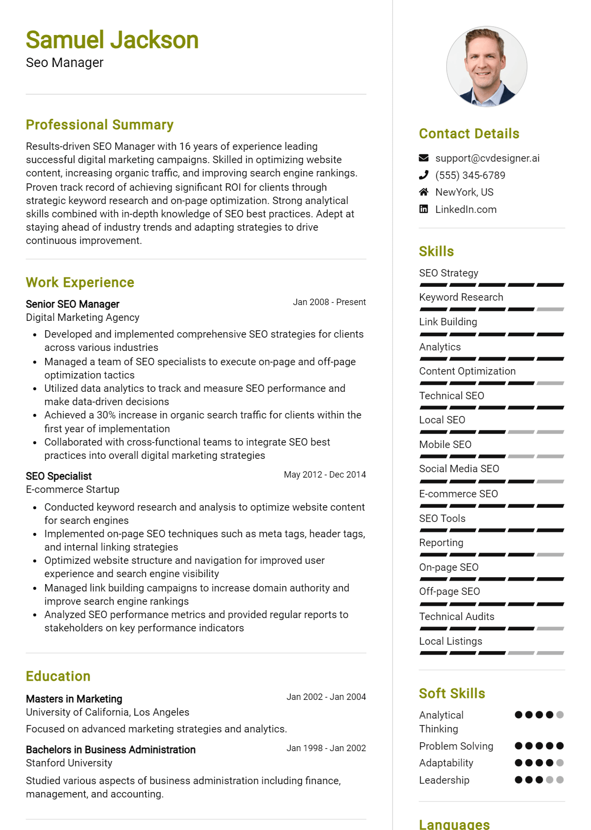 SEO Manager Resume Example for 2024: Tips & Templates - CVDesigner.ai