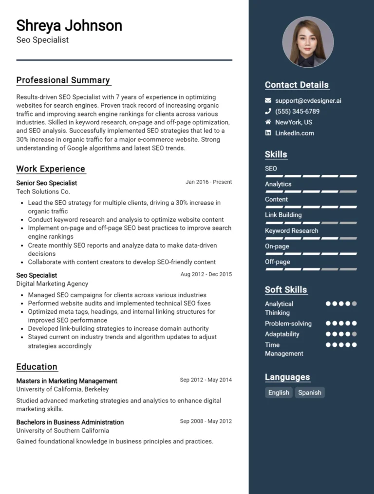 SEO Specialist CV Example For 2025: Effective CV Writing Tips