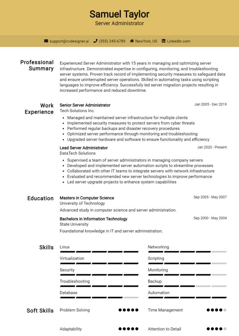 Server Administrator Resume Example for 2025: Resume Guide