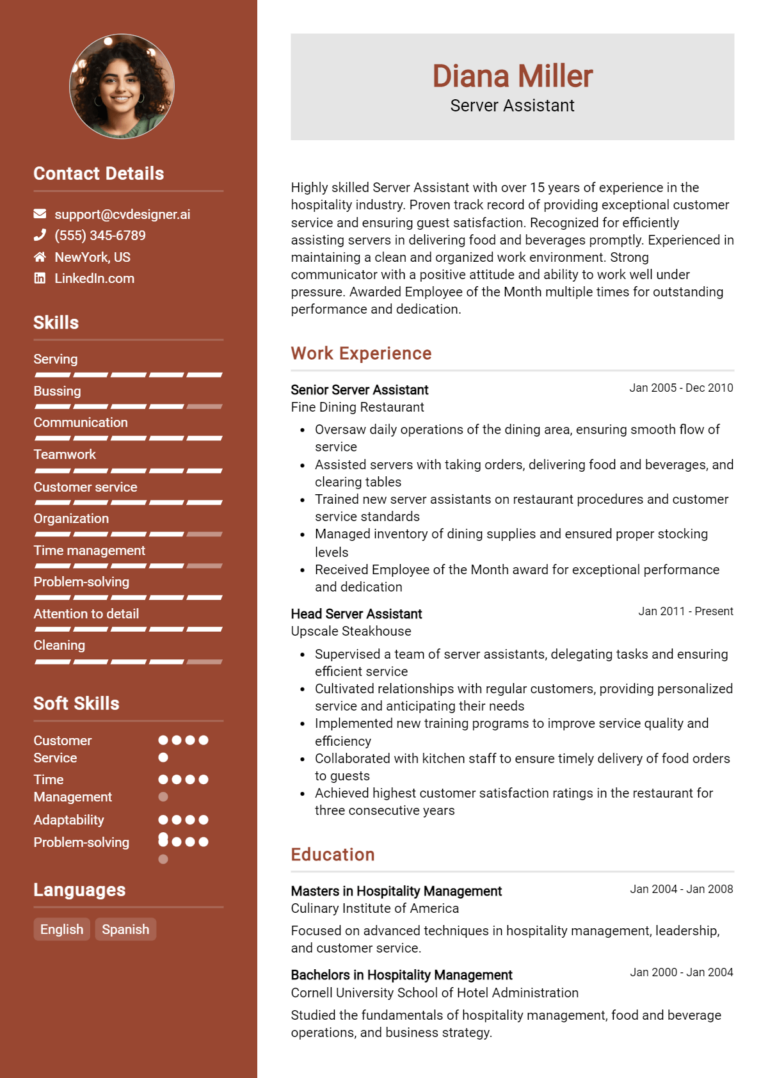 Server Assistant Resume Example for 2025: Best Formatting Tips