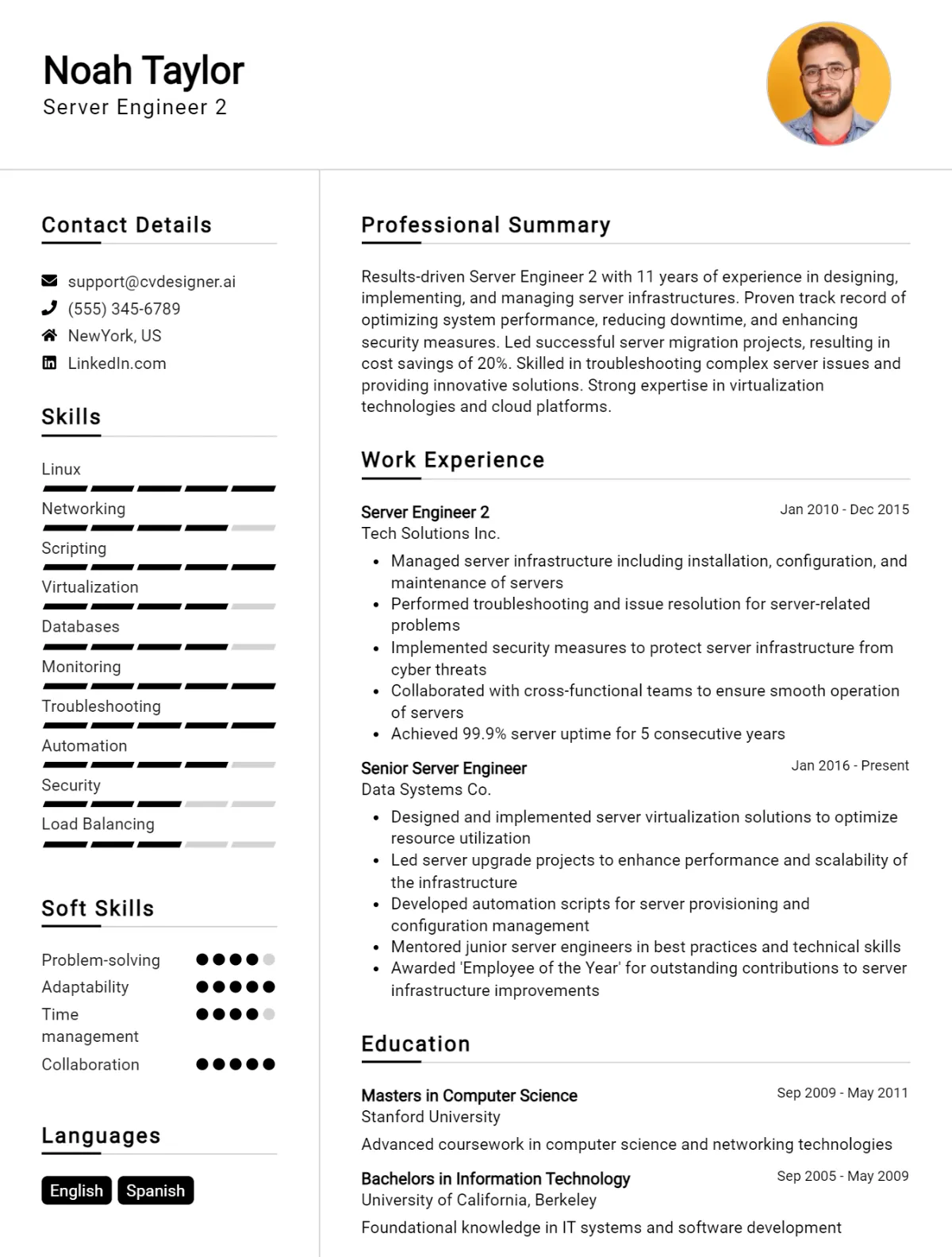 Server Engineer 2 CV Example