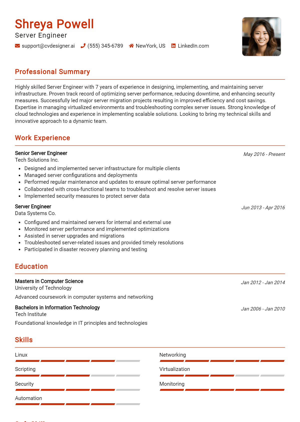 Server Engineer Resume Example