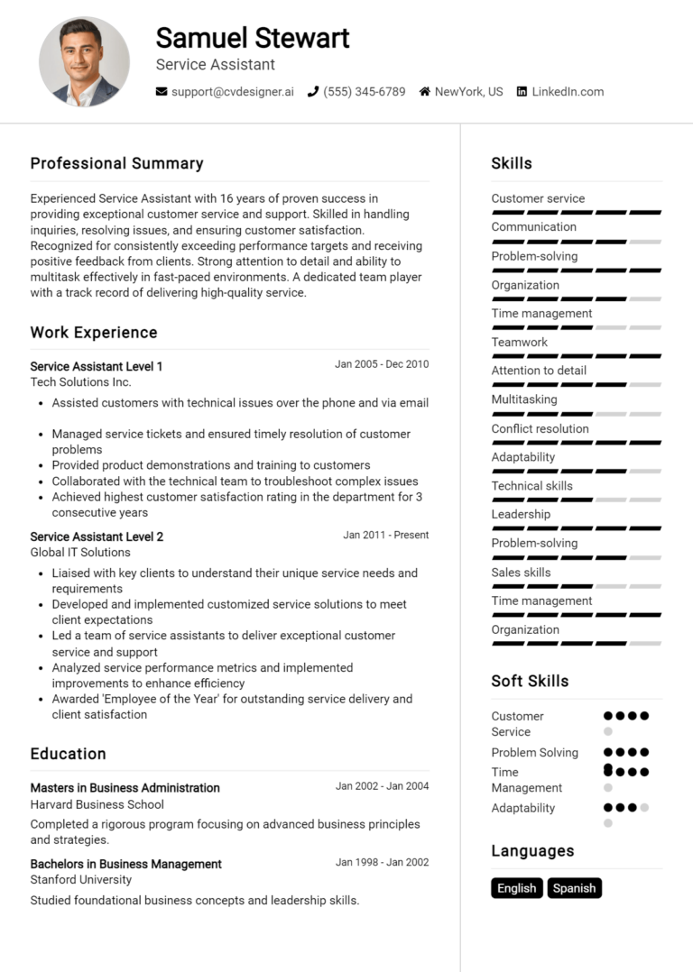 Service Assistant Resume Example for 2025: Free Professional Templates