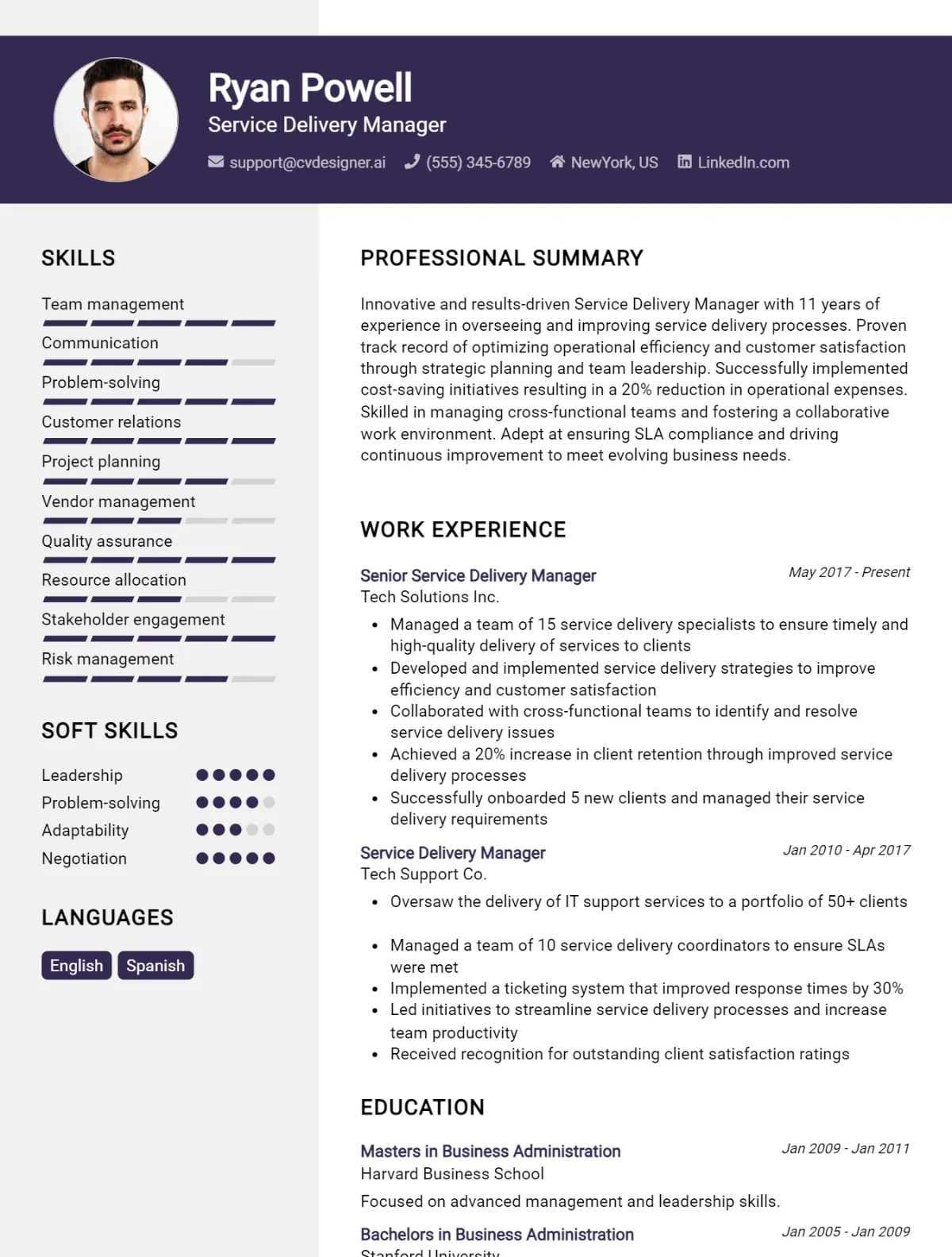 Service Delivery Manager CV Example