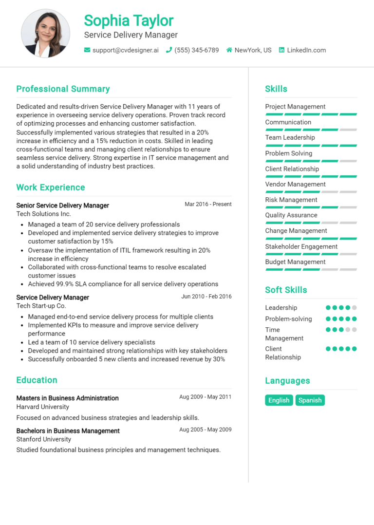 Service Delivery Manager Resume Example for 2025: Tips & Templates