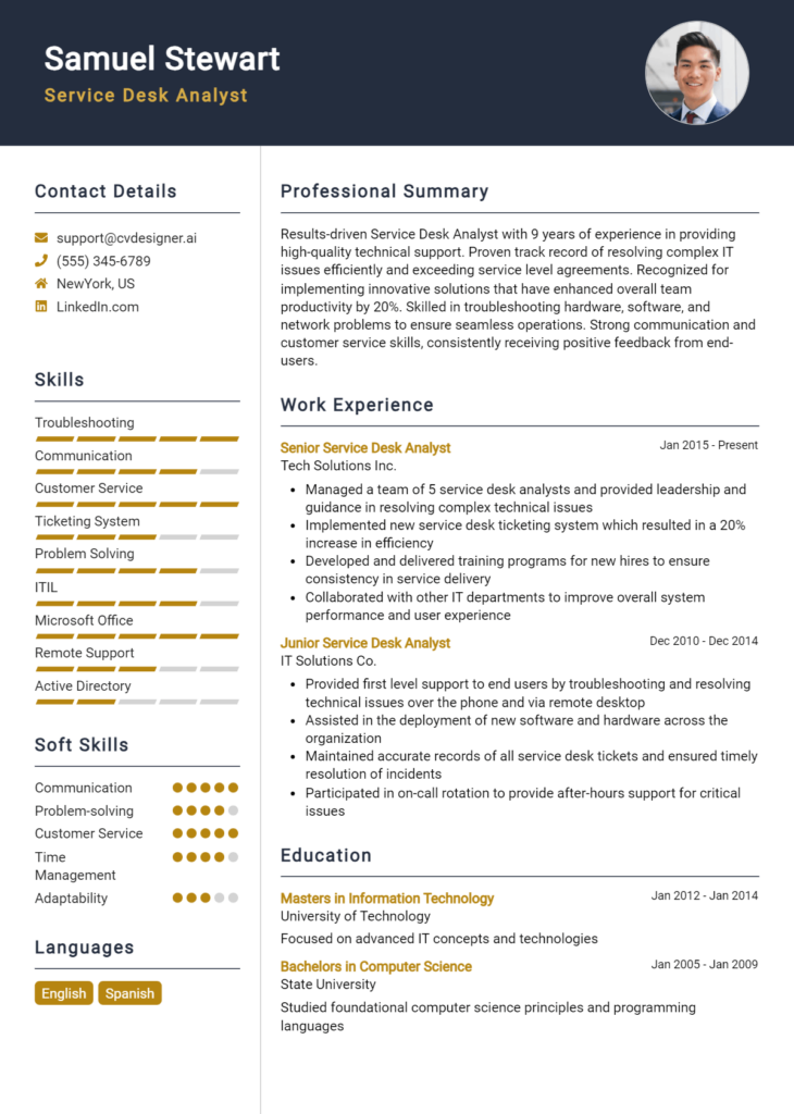 Service Desk Analyst Resume Example