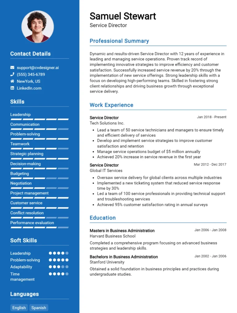 Service Director CV Example For 2025: Best Writing Guide