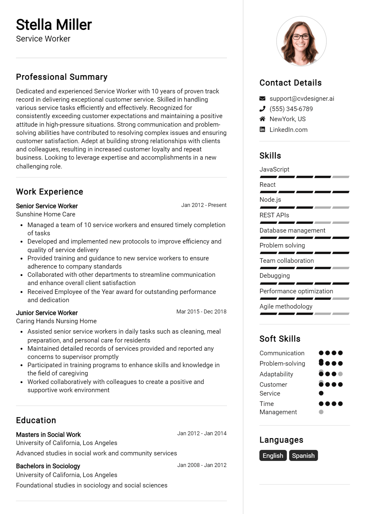 Service Worker Resume Example