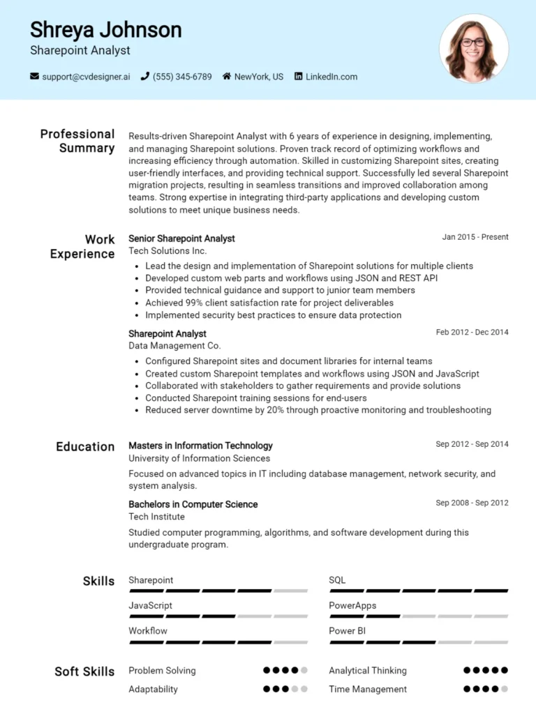 SharePoint Analyst CV Example For 2025: Examples & Free Templates