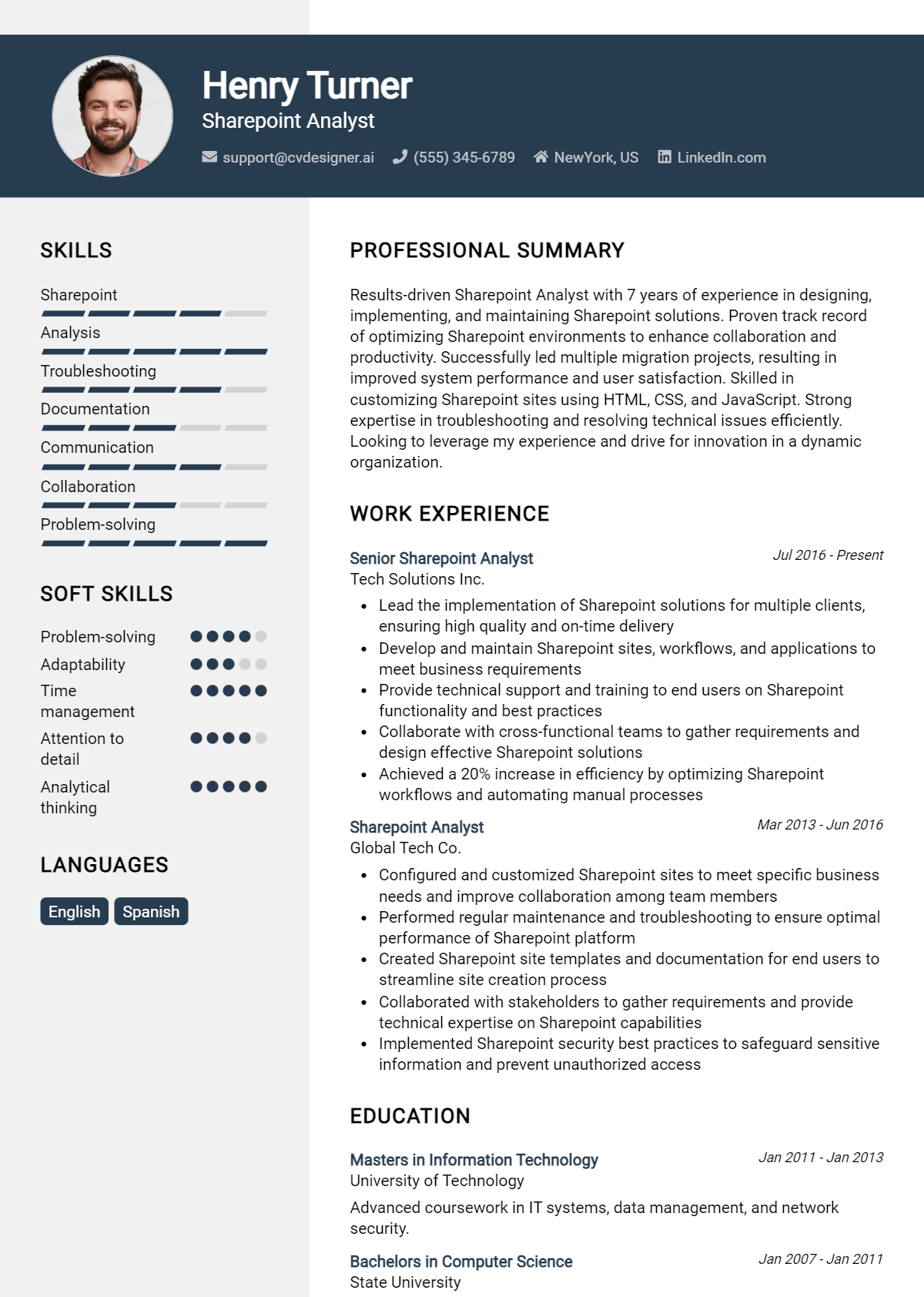 Sharepoint Analyst Resume Example for 2024: Free Templates - CVDesigner.ai