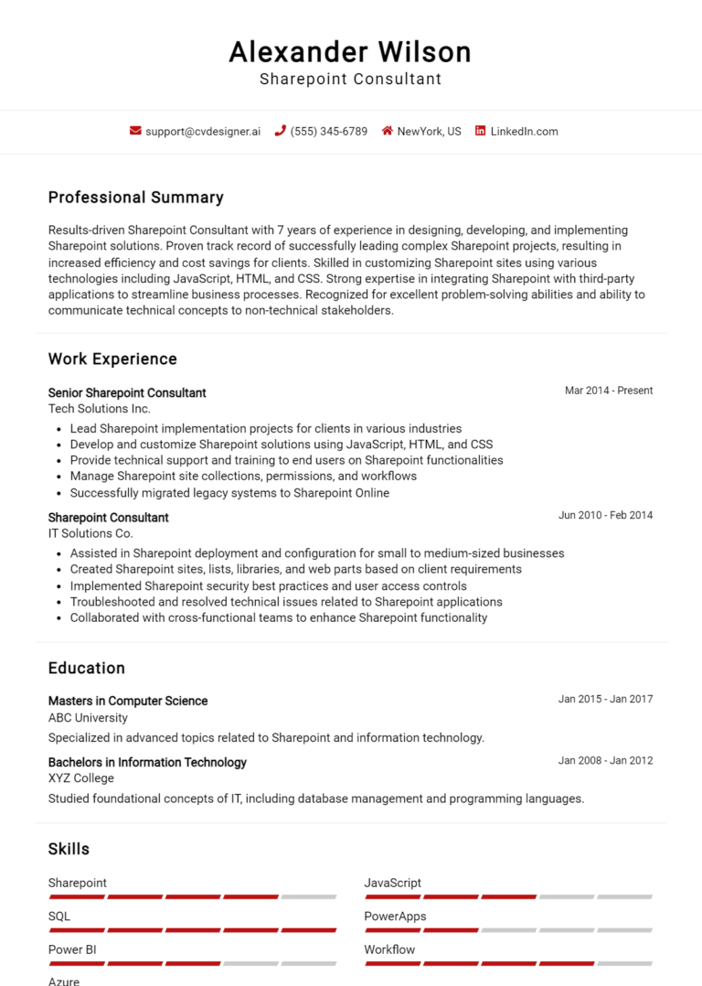 Sharepoint Consultant Resume Example for 2025: Best Writing Guide