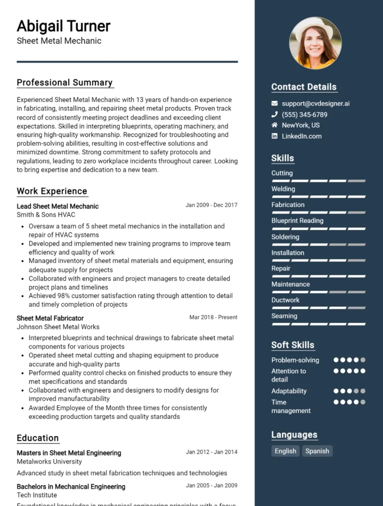 Sheet Metal Mechanic CV Example For 2025: Professional CV Templates