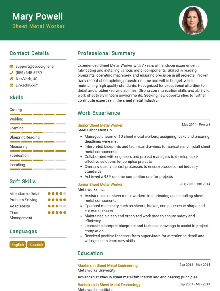 Sheet Metal Worker CV Example For 2025: Proven Tips & Templates